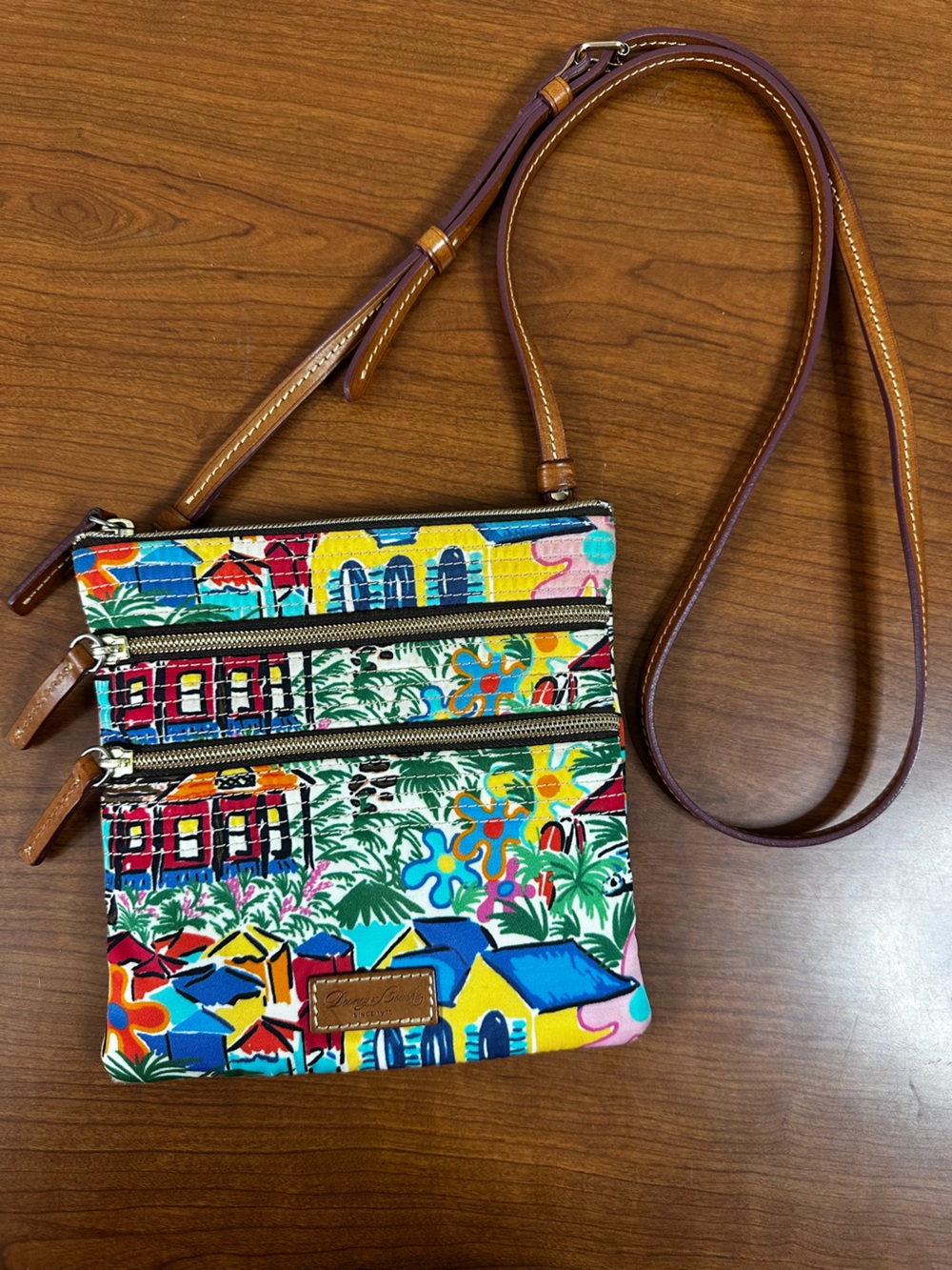 Dooney & Bourke Multicolor “Tropical Island” Crossbody Bag - triple zip- leather